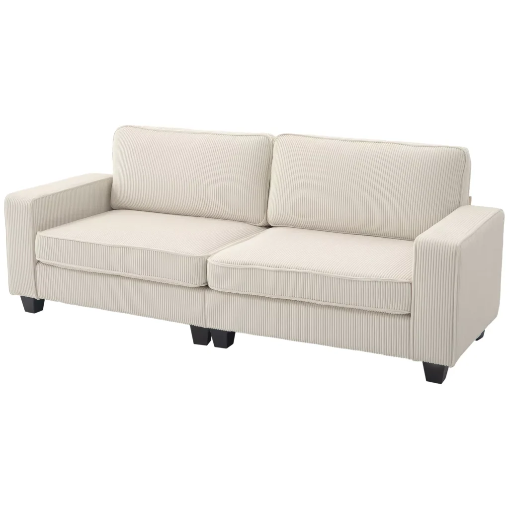HOMCOM 3 vietų sofa, sofa su porankiais, atlošo pagalvėlės, svetainės sofa su velveto užvalkalu, spyruoklinė šerdis, minkšta sofa svetainei, miegamajam 227 x 84 x 87 cm, kreminės baltos spalvos