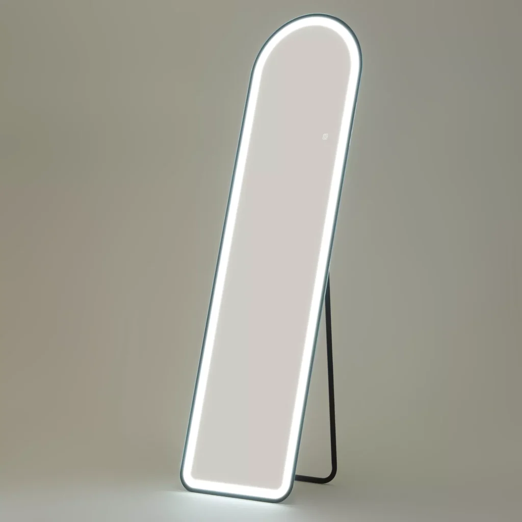Stovintis Veidrodis su LED Apšvietimu | 150 x 40 cm, 3 Šviesos Spalvos, Sieninis Veidrodis su Stovu ir Jutikliniu Jungikliu, Skirtas Miegamajam ir Svetainei, Juodas