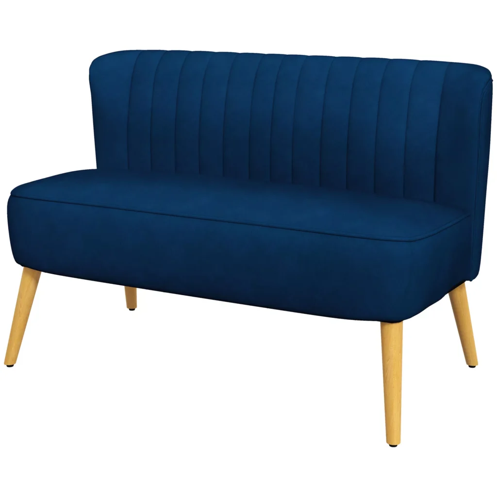 Dvivietė sofa su medinėmis kojomis, iki 150 kg, dangaus mėlyna, 117 x 56,5 x 77 cm