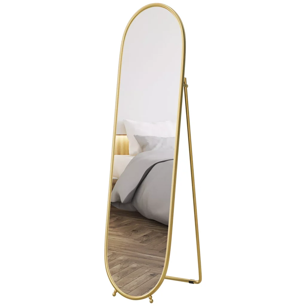 HOMCOM Viso ilgio veidrodis, 160 x 40 cm sieninis veidrodis su stovu, metalinis rėmas, ovalus pastatomas veidrodis svetainei, miegamajam, aukso spalvos