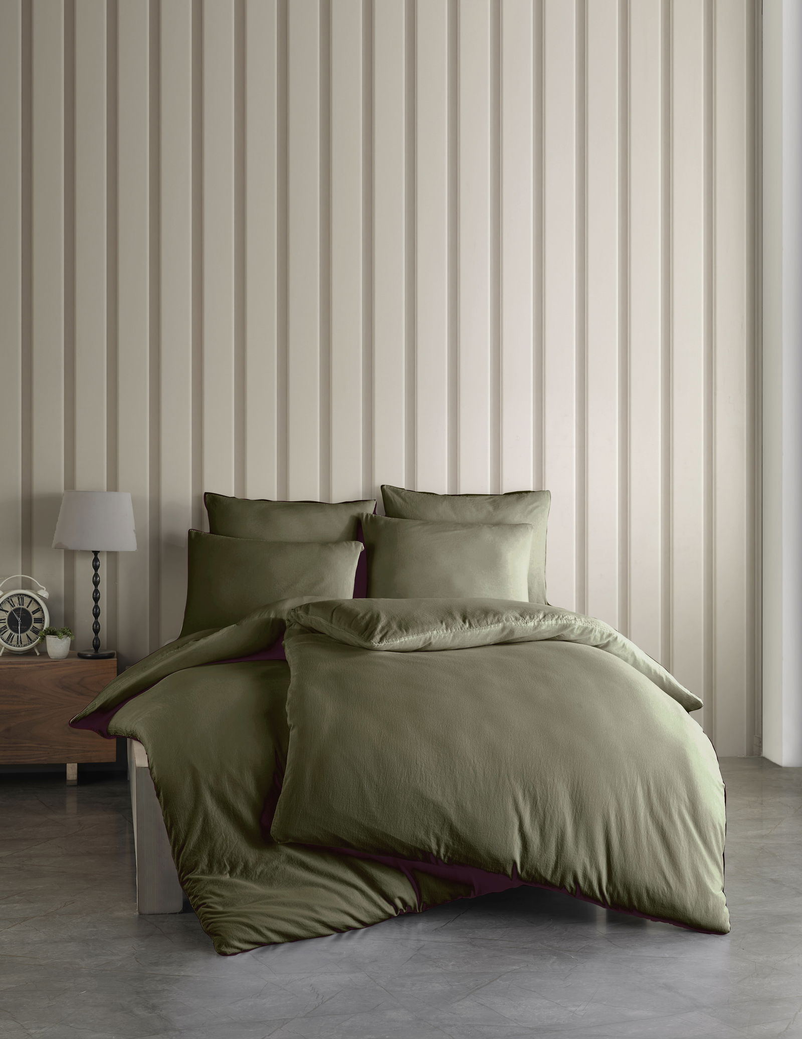 Medvilninės patalynės komplektas CREYA STONE WASHED OLIVE, 140 x 200 cm, 50 x 70 cm, 100% medvilnės