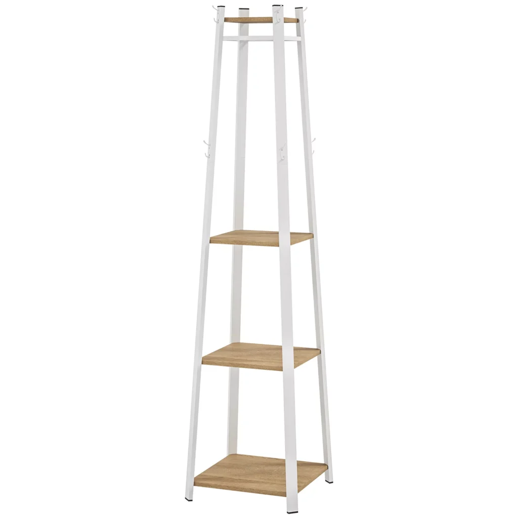HOMCOM kabyklė, drabužių kabykla su 8 kabliukais, 4 lygiai, plieninė striukių kabykla drabužiams, kepurėms, prieškambariui, koridoriui, 34 x 34 x 170 cm, balta