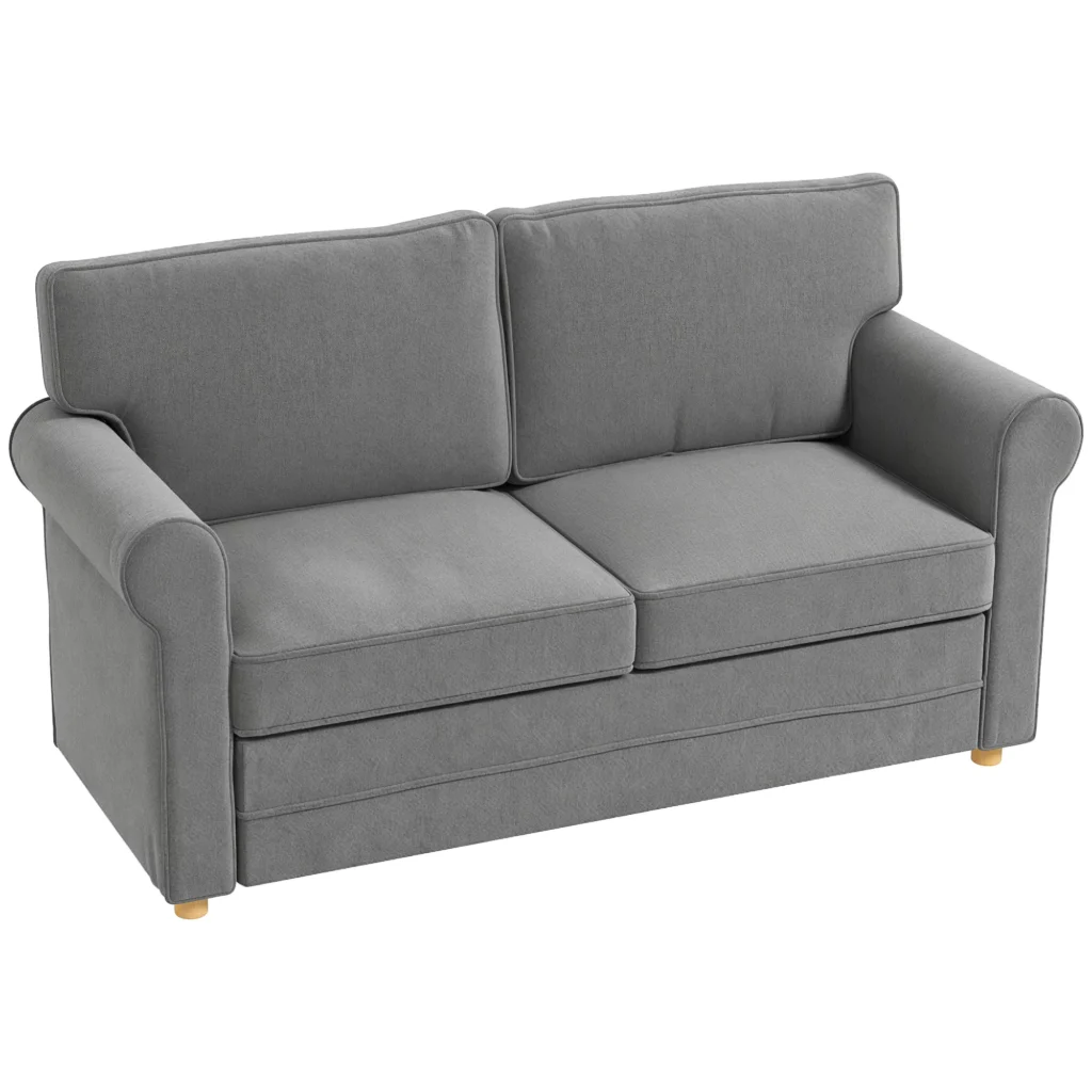 HOMCOM dvivietis sofa su porankiais, storai paminkštinta, moderni apmušalų sofa su S-formos spyruoklėmis, lino išvaizda, medinės kojos miegamajam ir svetainei, 150 x 74 x 86 cm, tamsiai pilka