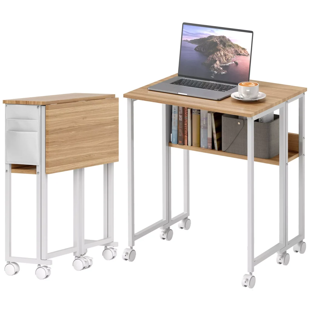 HOMCOM Sulankstomas Stalas Mažas 63 cm Sulankstomas Stalas su Ratukais, Taupantis Vietą, Kompiuterio Stalas su Lentyna, Laikymo Krepšiu, Namų Biurui, Natūralios Spalvos