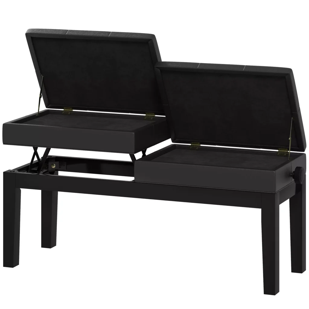 HOMCOM reguliuojamas pianino suoliukas su daiktadėže, pianino kėdė, atlaikanti iki 220 KG, dirbtinė oda, juoda, 105 x 37 x 48-58 cm