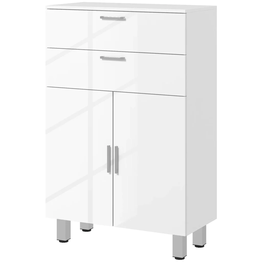kleankin Vonios spintelė, šoninė spintelė su 2 blizgiais baltos spalvos stalčiais, durelėmis, vonios spintelė su reguliuojama lentyna, laikymo spintelė svetainei, 60 x 30 x 93 cm