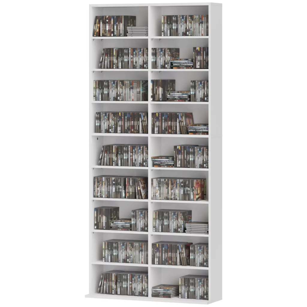 HOMCOM CD DVD Blu-ray lentyna, CD stovas iki 640 CD arba 360 DVD arba 430 Blu-ray diskų, saugykla, knygų lentyna, laikmenų lentyna svetainei 78,5 x 24 x 175 cm, balta