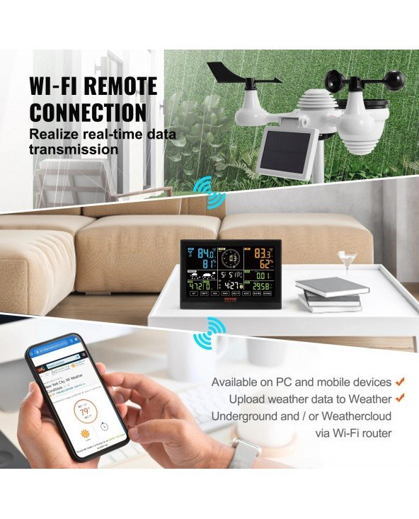 7 viename „Wi-Fi“ meteorologinė stotelė su 7,5 colių spalvotu ekranu ir saulės energija varomu belaidžiu lauko jutikliu