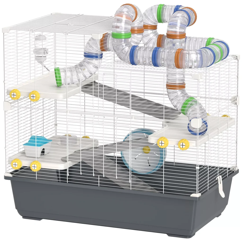 PawHut Hamsterio narvelis, 4 aukštai, graužikų narvelis, mažų gyvūnų narvelis su bėgimo rateliu, ėdalo dubenėliu, tuneliu, nameliu, viršutinėmis durelėmis, mažų gyvūnų narvelis, narvelis siriniams žiurkėnams 78 x 45 x 73 cm, pilkos spalvos