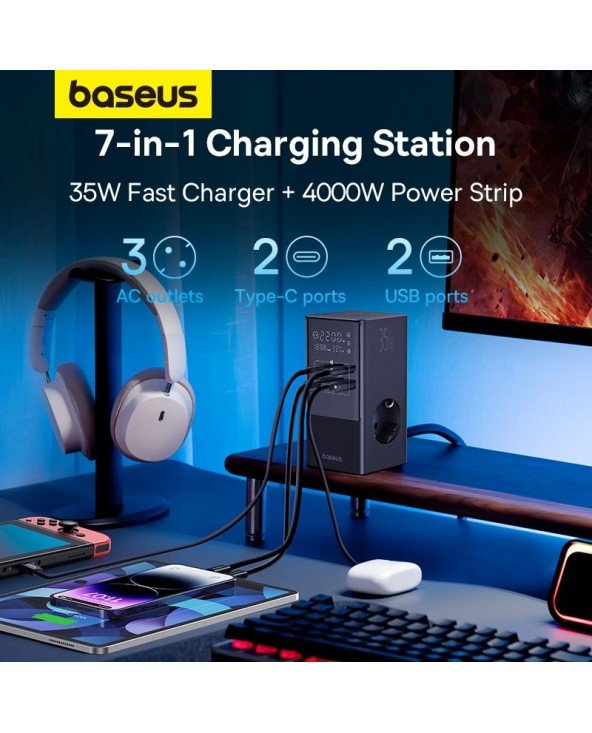 "Baseus" 35 W greitojo įkrovimo skaitmeninė maitinimo juosta 7-in-1 įkrovimo stotelė 4000 W vardinė galia Skaitmeninis ekranas