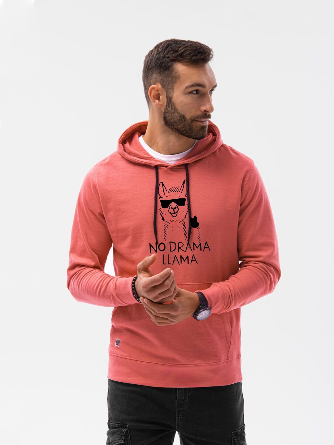 Rožinės spalvos džemperis su gobtuvu No drama Llama