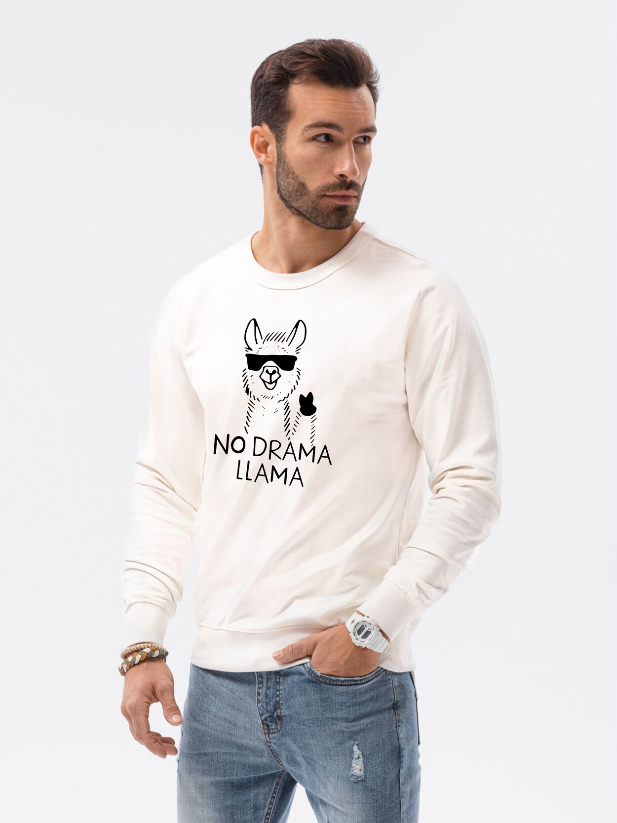 Baltos spalvos džemperis No drama Llama
