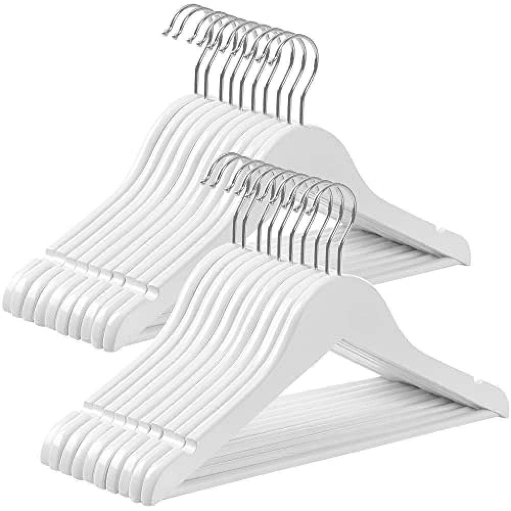 Mediniai vaikiški drabužių pakabos, 20 vienetų, su tiltu ir išpjovomis, 360° besisukantis kabliukas 35x20x1,2 cm