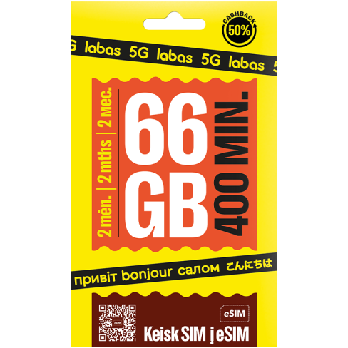 pakuotė 2 MĖNESIAI 66 GB + 400 MIN.