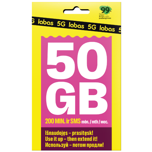 pakuotė 1 MĖNESIS 50 GB + 200 MIN ir SMS
