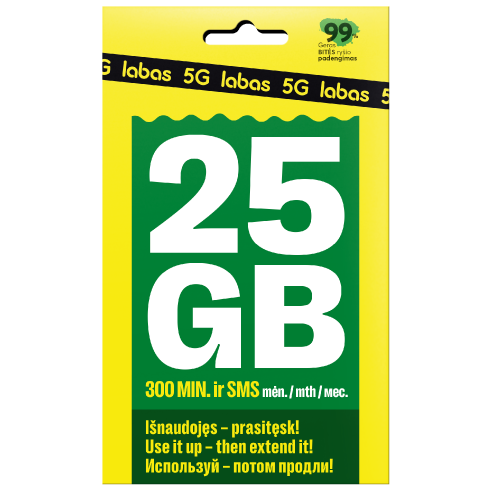 pakuotė 1 MĖNESIS 25 GB + 300 MIN ir SMS