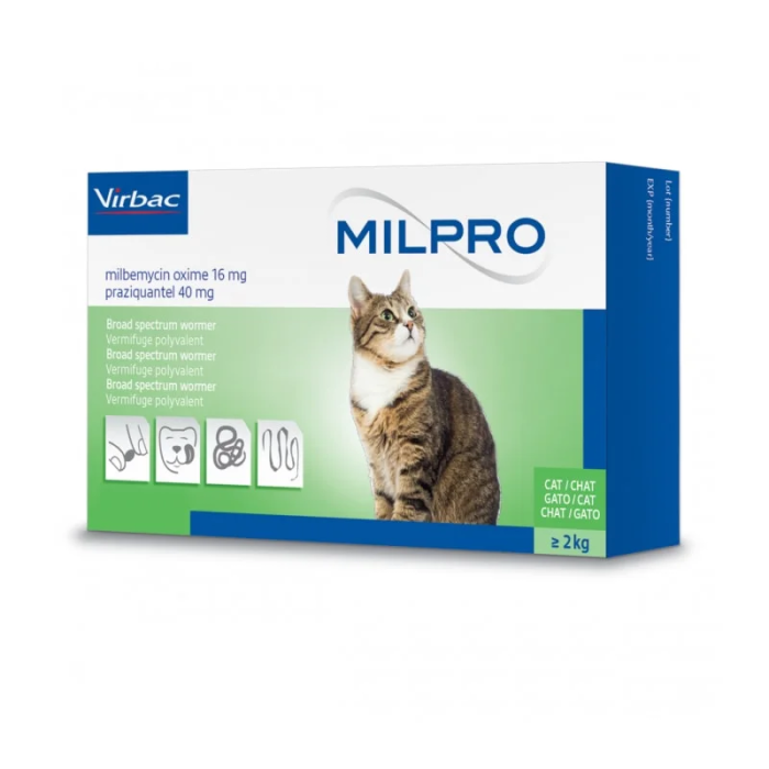 Virbac Milpro 16mg/40 mg plėvele dengtos tabletės katėms nuo kirminų, N2