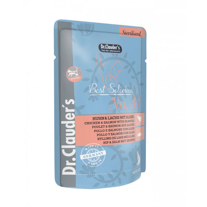 Dr. Clauder's Best Selection Sterilised No. 34 Huhn - Lachs Mit Algen šlapias maistas sterilizuotoms katėms su vištiena, lašiša ir jūros dumbliais, 85 g