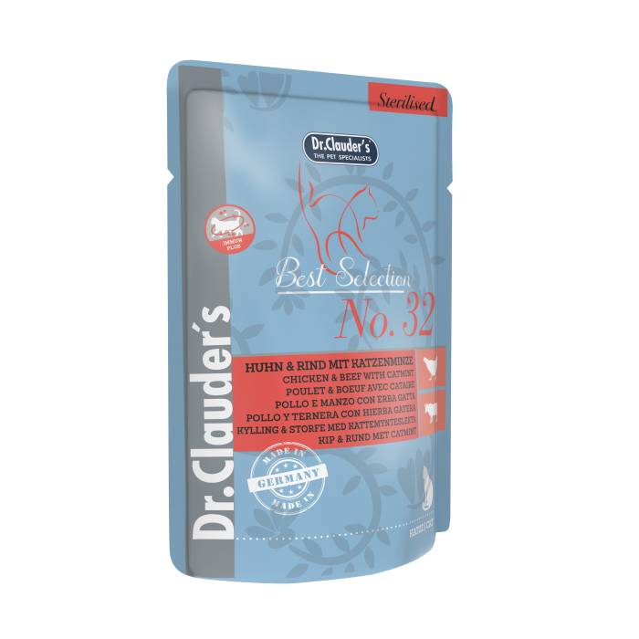 Dr. Clauder's Best Selection Sterilised No. 32 Huhn - Rind Mit Katzenminze šlapias maistas sterilizuotoms katėms su vištiena, jautiena ir katžole, 85 g