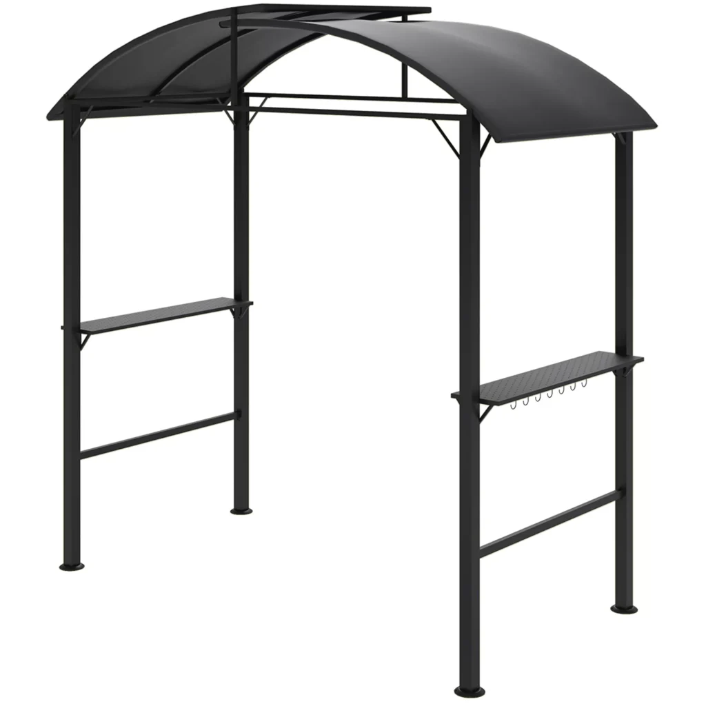 "Outsunny" grilio paviljonas 233 x 110 x 235 cm vėjo nepraleidžiantis sodo paviljonas su dvigubu stogu, lentynos, pavėsinės su apsauga nuo UV spindulių, plieninis BBQ paviljonas, sodo palapinė grilio palapinė vakarėliams, tamsiai pilka