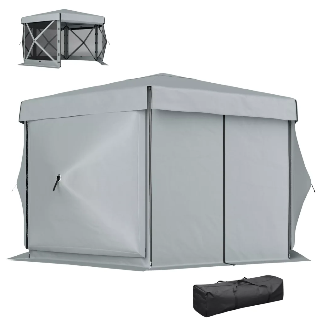 Šešiakampė palapinė apie 3,6x3 m, UV 30+, šviesiai pilka