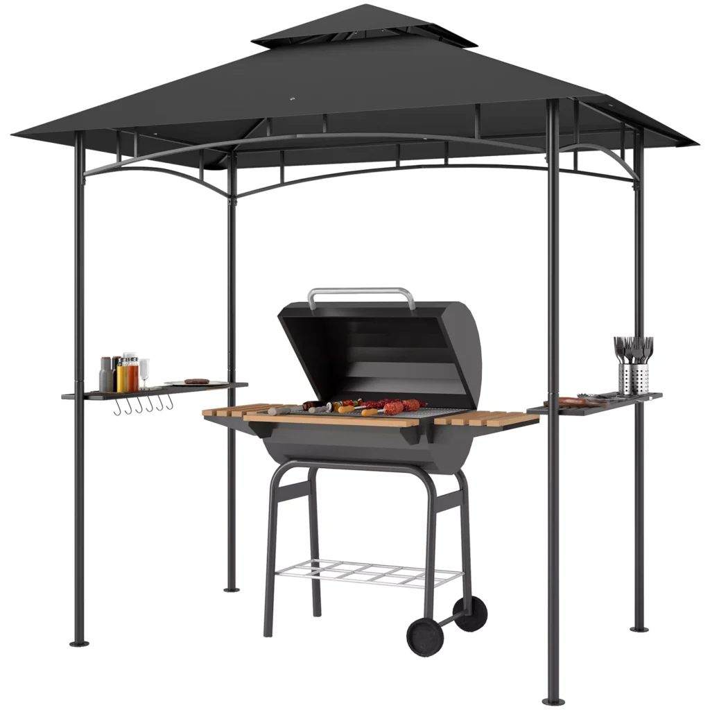 "Outsunny" BBQ pavėsinė su LED 240 x 150 x 258 cm vandens nepraleidžianti liepsnai atspari sodo pavėsinė su dvisluoksniu stogu, šoniniais stovais, pavėsinės su UV apsauga, BBQ pavėsinė vakarėliams BBQ tamsiai pilka