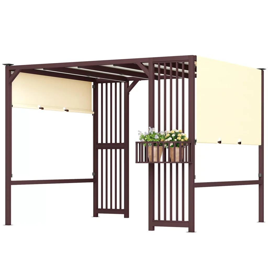 Outsunny Pergola Paviljonas 3x2,5m UV 30+ stabilus atsparus žiemai, apsauga nuo saulės su reguliuojamu stumdomu stogu, privatumo užtvara, gėlių vazonai, laisvai stovintis sodo pavėsinė, terasos stoginė sodui, balkonui, tamsiai ruda