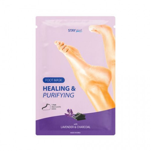 STAY WELL Healing & Purifying Foot Mask Lavender & Charcoal Valomoji pėdų kaukė su anglimi ir levandomis, 1 pora