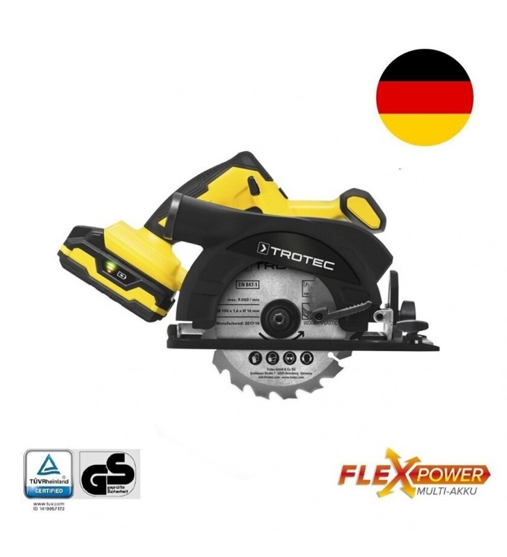 Akumuliatorinis rankinis diskinis pjūklas Trotec PCSS 10-20 V : Galia (W) - 65, Išmatavimai (mm) - 190 x 352 x 238, Įtampa (V) - 230-240 V/50 Hz, sPavadinimas - PCSS 10-20 V, Svoris (kg) - 2,6