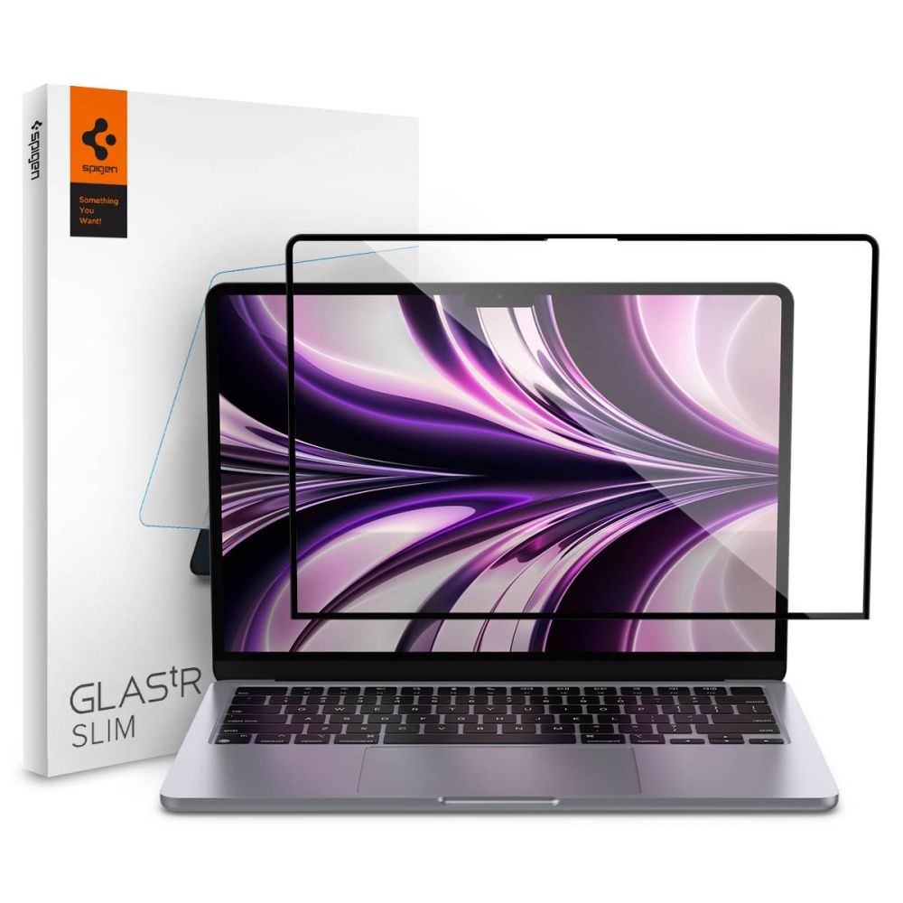 Juodais krašteliais apsauginis grūdintas stiklas "Spigen Glass Fc" skirtas Macbook Air 13 2022