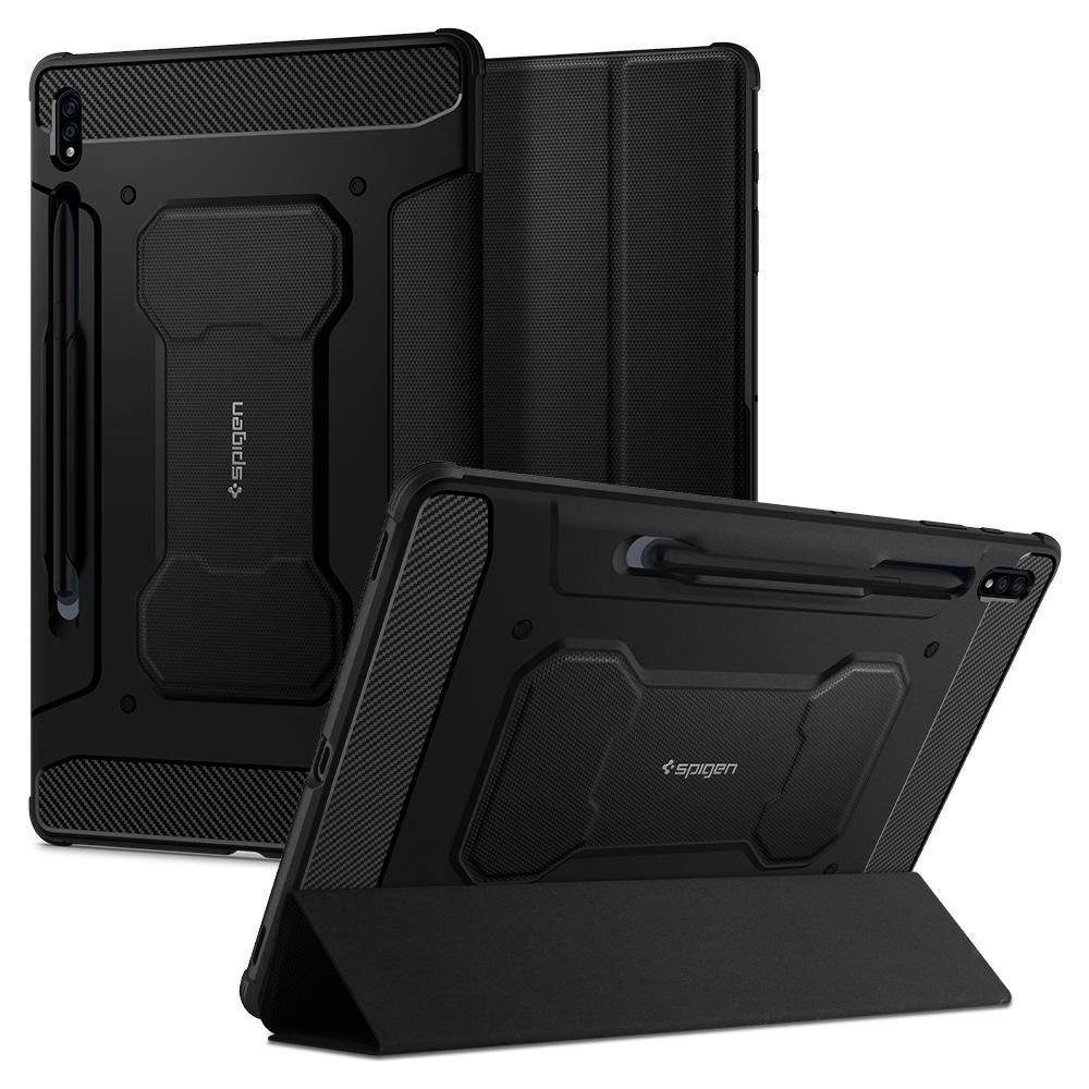 Juodas atverčiamas tekstūrinis dėklas "Spigen Rugged Armor Pro" GALAXY TAB S7 11.0 T870/T875