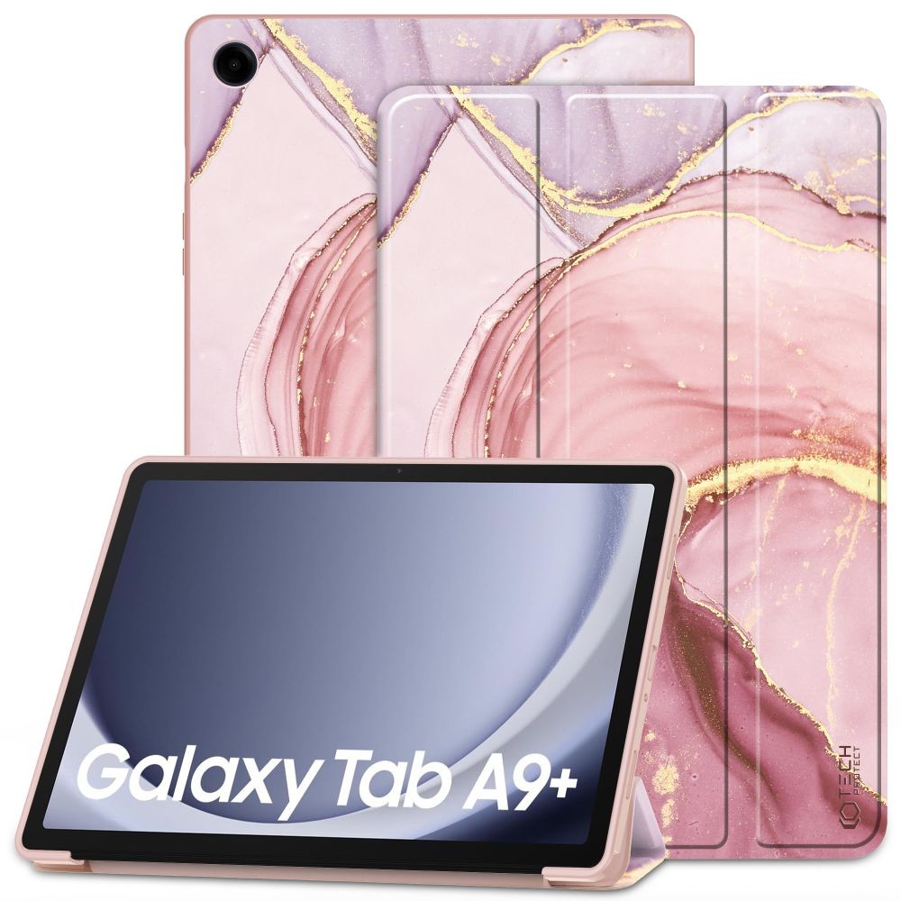 Rožinis/Marmuro efekto atverčiamas dėklas "Tech-Protect Smartcase Marble" planšetei Samsung Galaxy Tab A9+ PLUS 11.0 X210 / X215 / X216