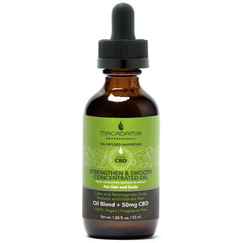 Maitinamasis, drėkinamasis koncentruotas aliejus sausiems plaukams ir galvos odai Macadamia Strengthen & Smooth Concentrated Oil, 53 ml, su CBD aliejumi