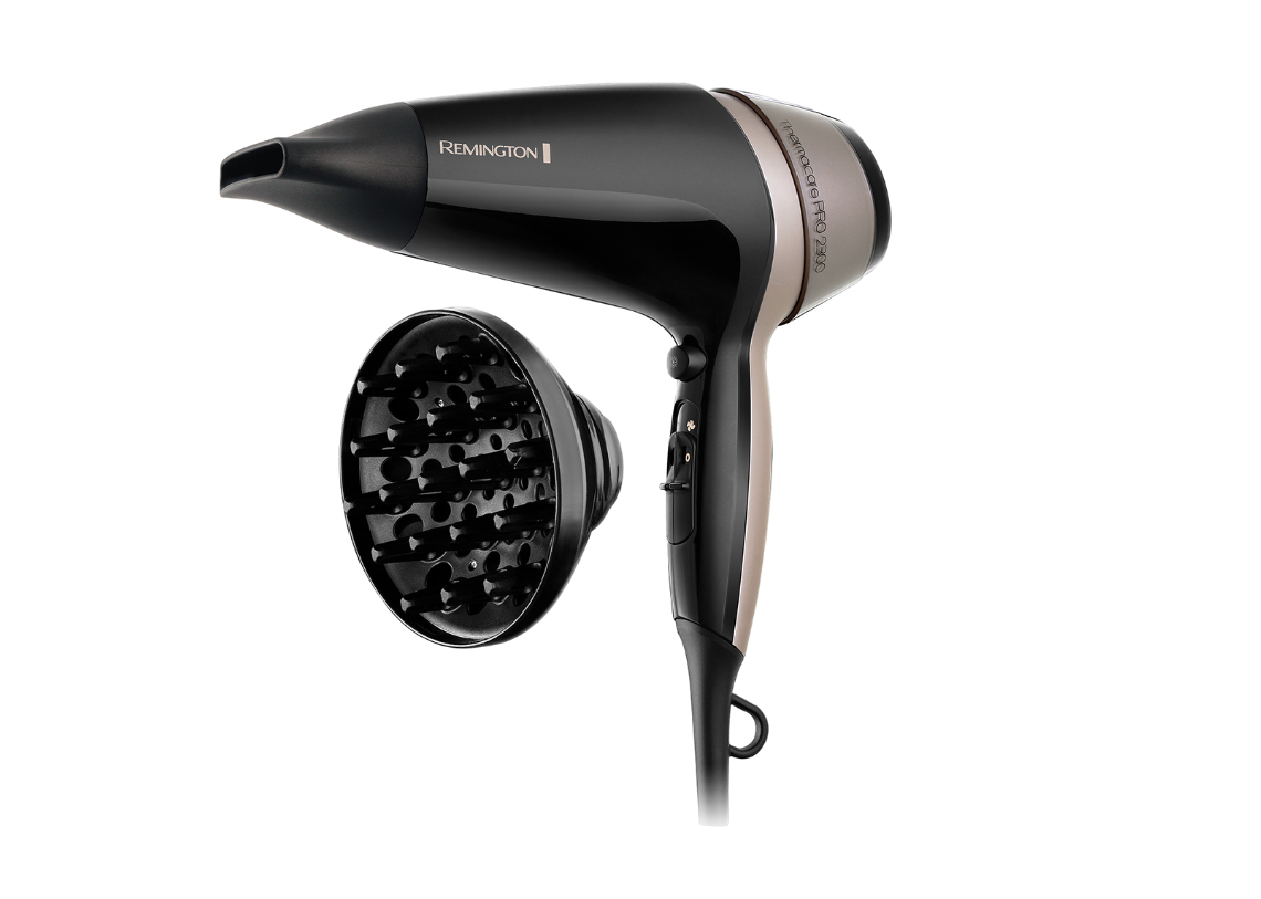 Plaukų džiovintuvas Remington Thermacare PRO 2300 D5715, 2300 W, 3 temperatūros nustatymai, joninė funkcija, difuzoriaus antgalis, juodas.