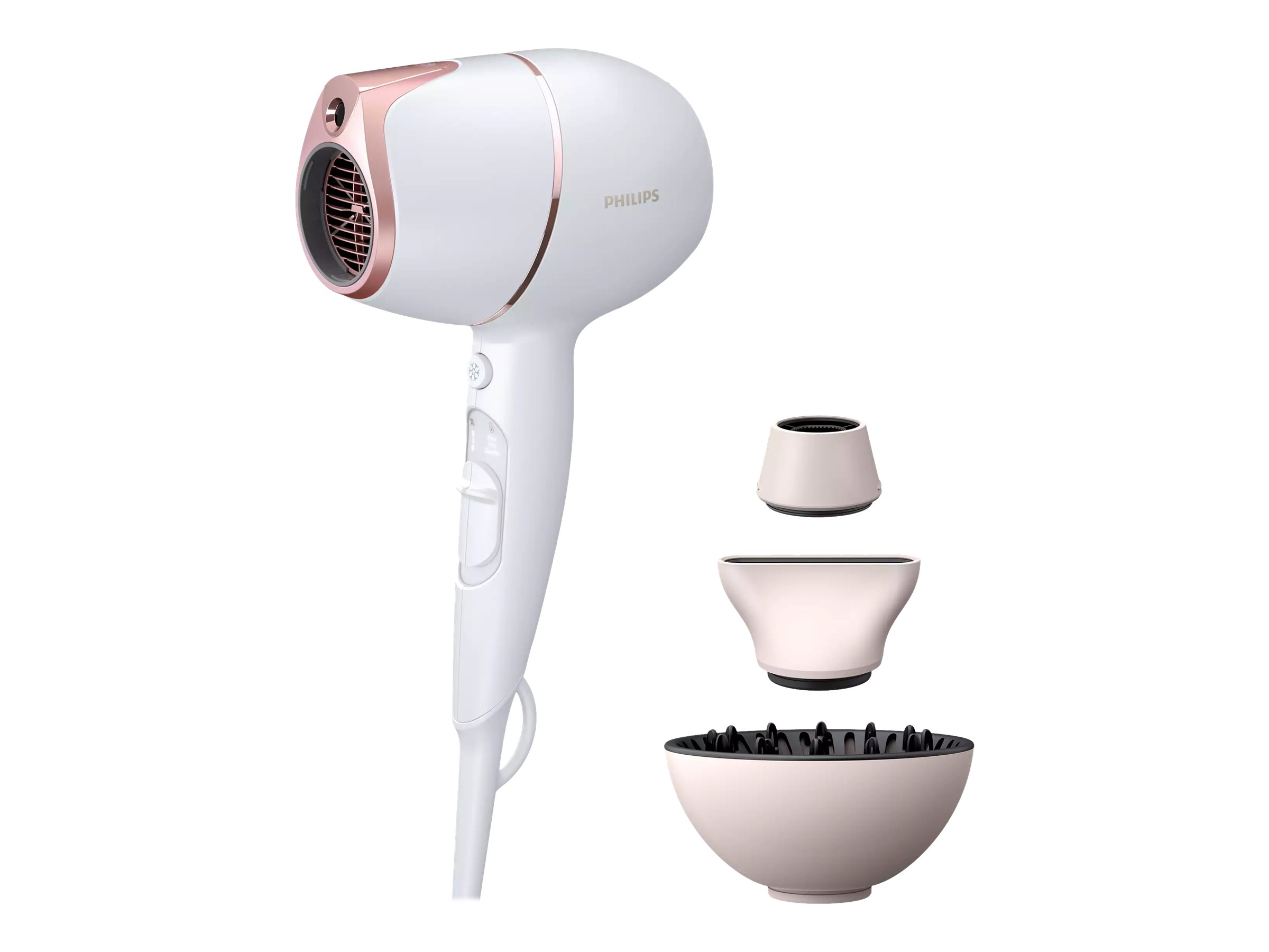 Plaukų džiovintuvas Philips BHD628/00 Prestige, SenseIQ, 1800 W, 3 temperatūros nustatymai, joninė funkcija, difuzoriaus antgalis, balta/rožinė.