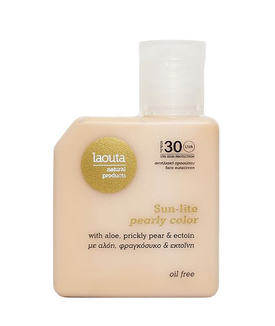 Drėkinamasis, švytėjimo veido odai suteikiantis kremas nuo saulės su spalva Laouta Sun Lite Pearly Color Oil Free Face Sunscreen LAO0159, lengvos tekstūros, SPF 30, 50 ml