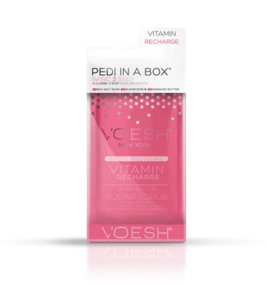 Procedūra kojoms Voesh Basic Pedi In A Box 3 in 1 Vitamin Recharge VPC118PGF, su vitaminais ir taukmedžio sviestu, atstato ir maitina pėdų odą