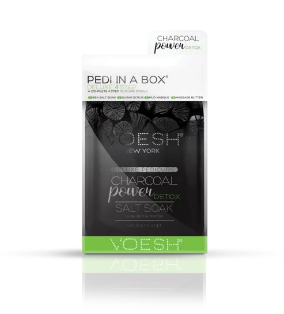 Procedūra kojoms Voesh Pedi In A Box 4 in 1 Charcoal Power detox VPC208CHL, su anglimi, valo ir detoksikuoja pėdų odą