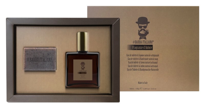 Kosmetikos rinkinys vyrams Barba Italiana Stringiti A Me BI000700K, rinkinį sudaro: kvepalai Stringiti A Me Eau de Toilette 100 ml, Stringiti A Me tonizuojantis rankų darbo rankų muilas 100 g