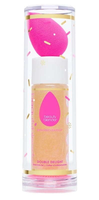 Makiažo kempinėlių rinkinys Beautyblender Double Delight BB27764, rinkinį sudaro: 1 makiažo kempinėlė, skystas kempinėlių valiklis ir silikoninis padelis