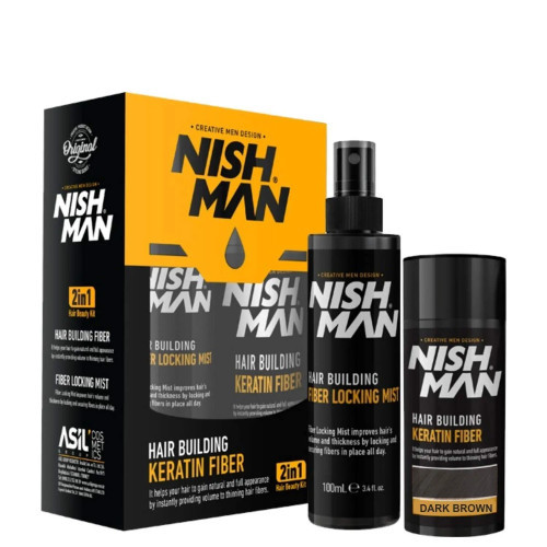 Nishman Hair Building Keratin Fiber & Locking Mist Set Plaukų keratino pudra + fiksavimo dulksna, Medium Brown