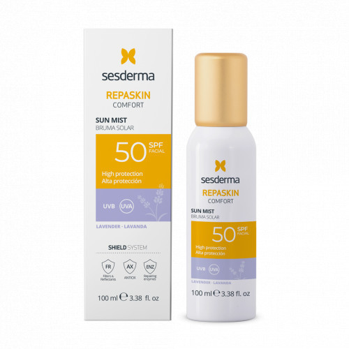 Sesderma Repaskin Comfort Facial Sun Mist SPF50 Apsauginė veido dulksna, Lavender