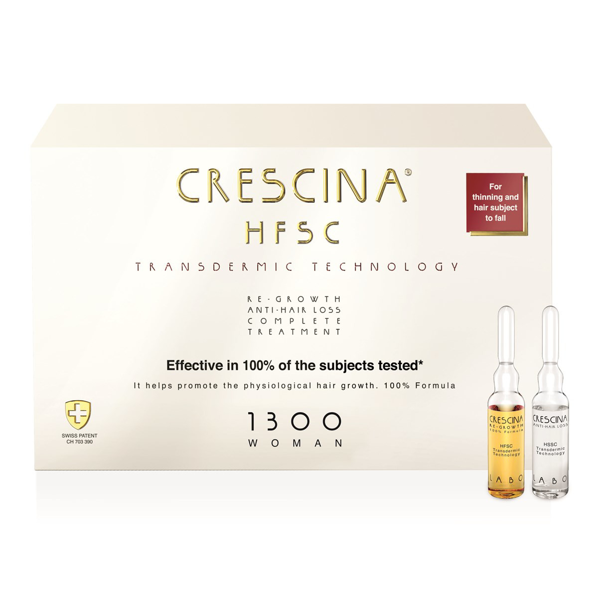 CRESCINA TRANSDERMIC HFSC 1300, kompleksas moterims plaukų ataugimui ir slinkimą stabdantis, 3,5 ml, 20 ampulių