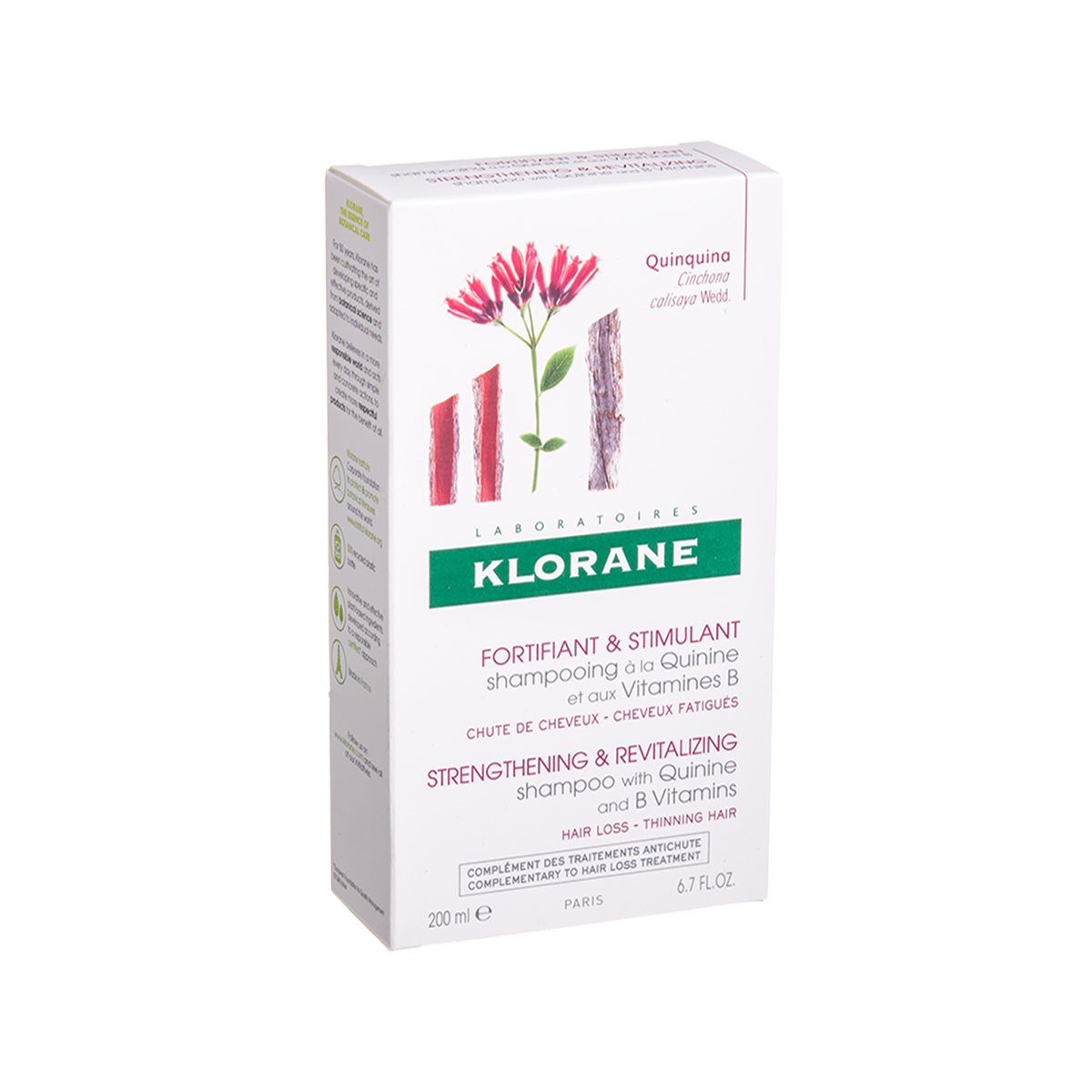 KLORANE, šampūnas slenkantiems plaukams su chininu ir vitaminu B, 200ml