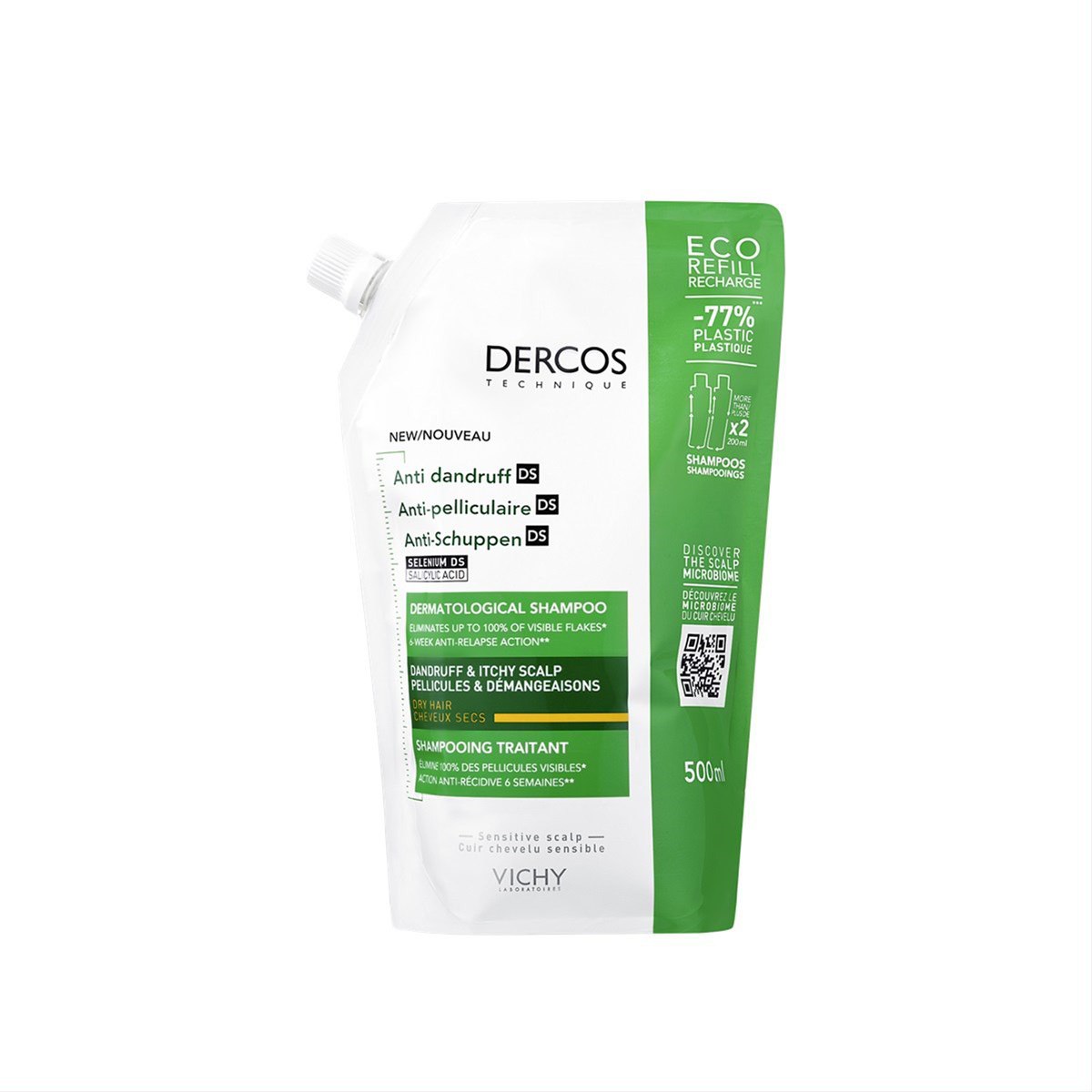 VICHY DERCOS DS DRY, šampūnas nuo pleiskanų ekonomiško papildymo pakuotėje, 500ml