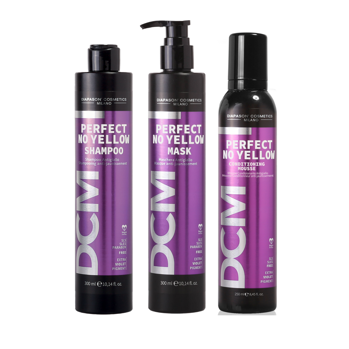 DCM no yellow - geltonus atspalvius naikinantis rinkinys - šampūnas 300ml, kaukė 300ml, putos 250ml