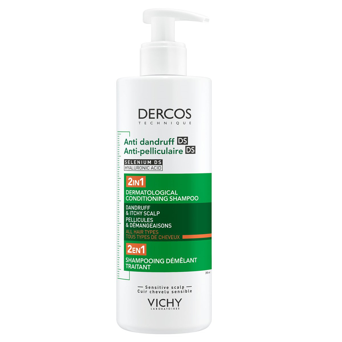 VICHY DERCOS DS, šampūnas nuo pleiskanų su kondicionieriumi, 390ml