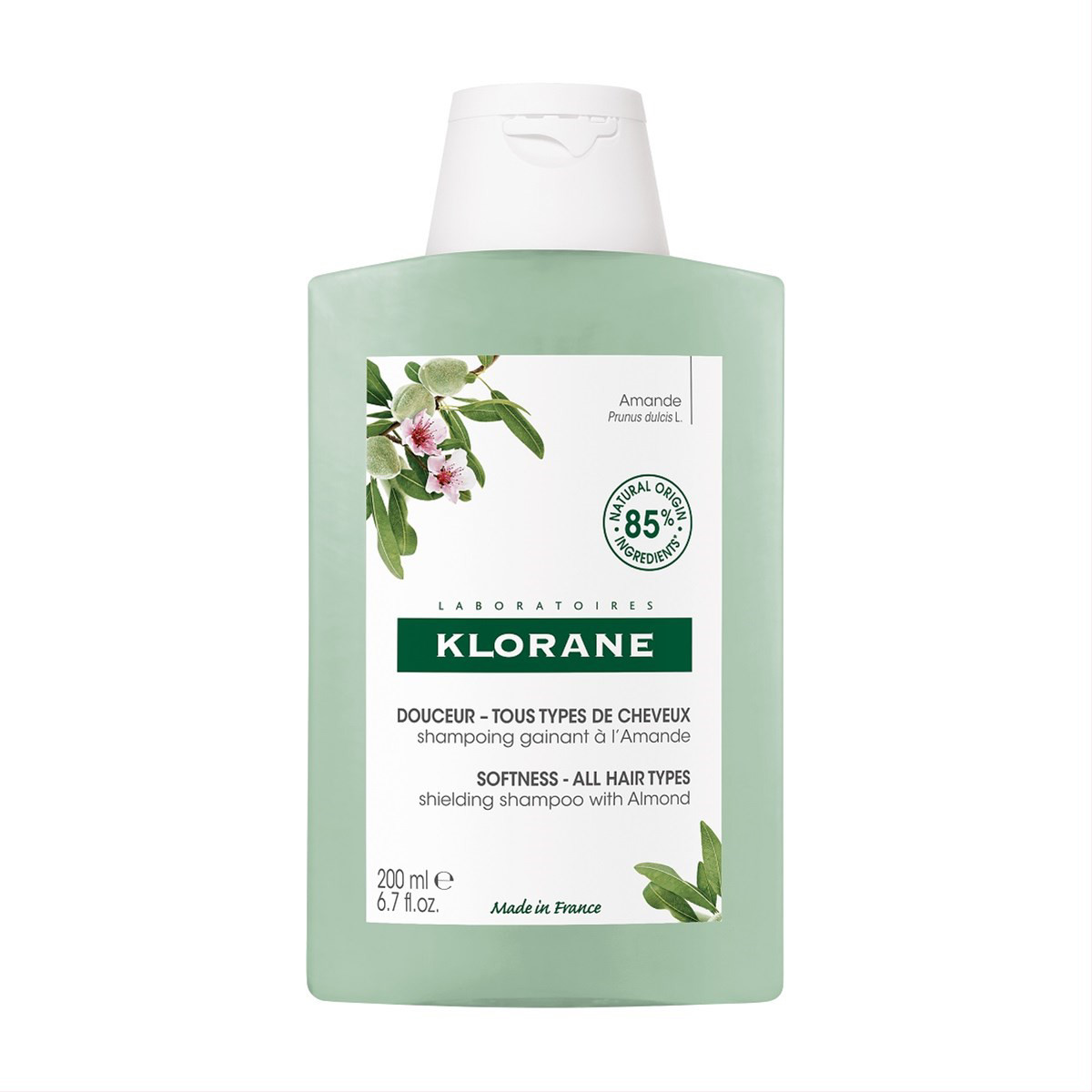 KLORANE, šampūnas su migdolų ekstraktu silpniems ir blizgesio netekusiems plaukams, 200 ml