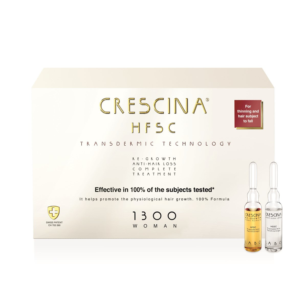 CRESCINA TRANSDERMIC HFSC 1300, plaukų ataugimui ir slinkimą stabdantis kompleksas moterims, 3,5 ml, 20+20 ampulių, 2 mėn. kursas