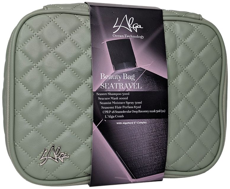 Plaukų priežiūros priemonių rinkinys L'Alga SEATRAVEL Beauty Bag LALA600415, rikinį sudaro: šampūnas plaukams 50 ml, kaukė plaukams 100 ml, losjonas-dulksna plaukams 50 ml, parfumuota dulksna plaukams 85 ml, nenuplaunama kaukė plaukams 5 ml, šukos plaukams